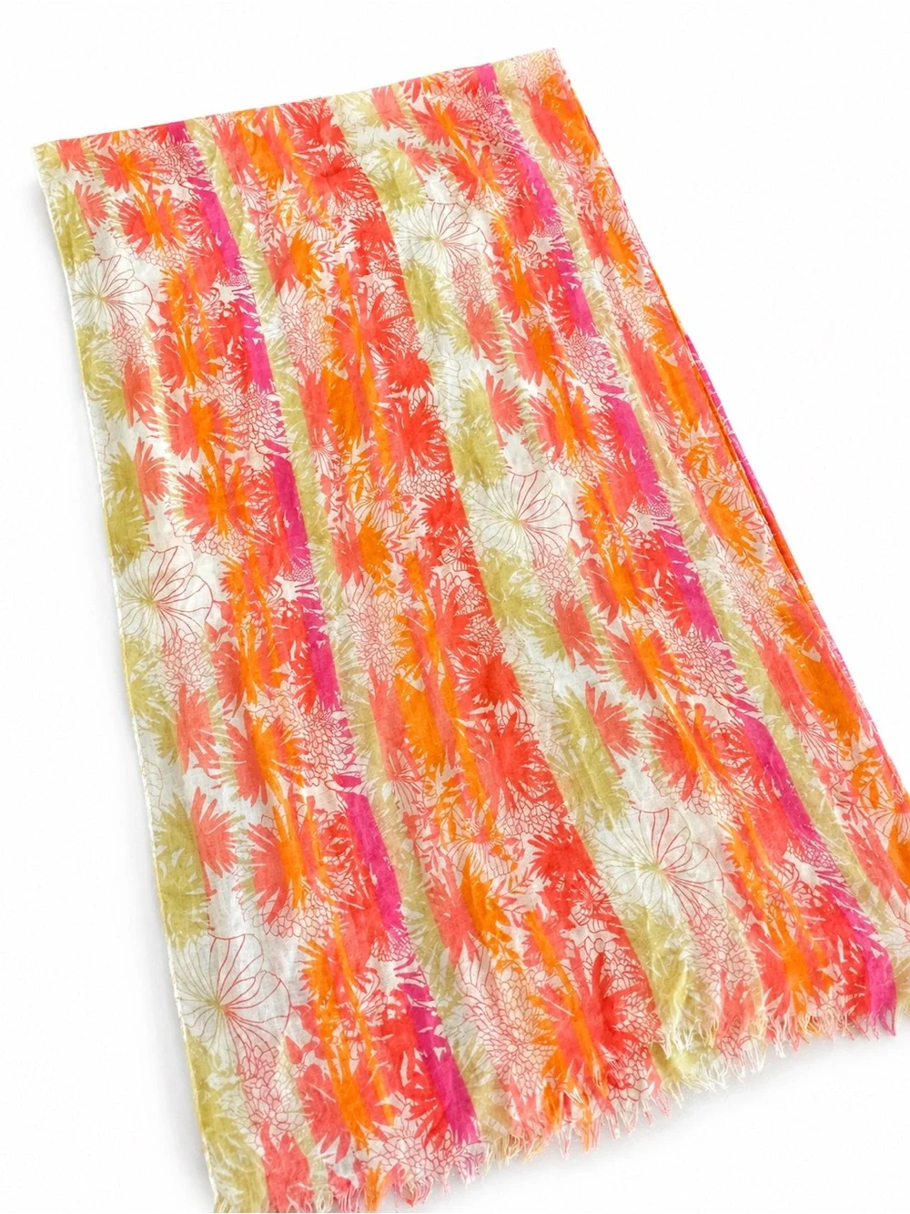 Tropical Floral Fringe Head Scarf Wrap 31” x 26” Pink Orange Resort Style